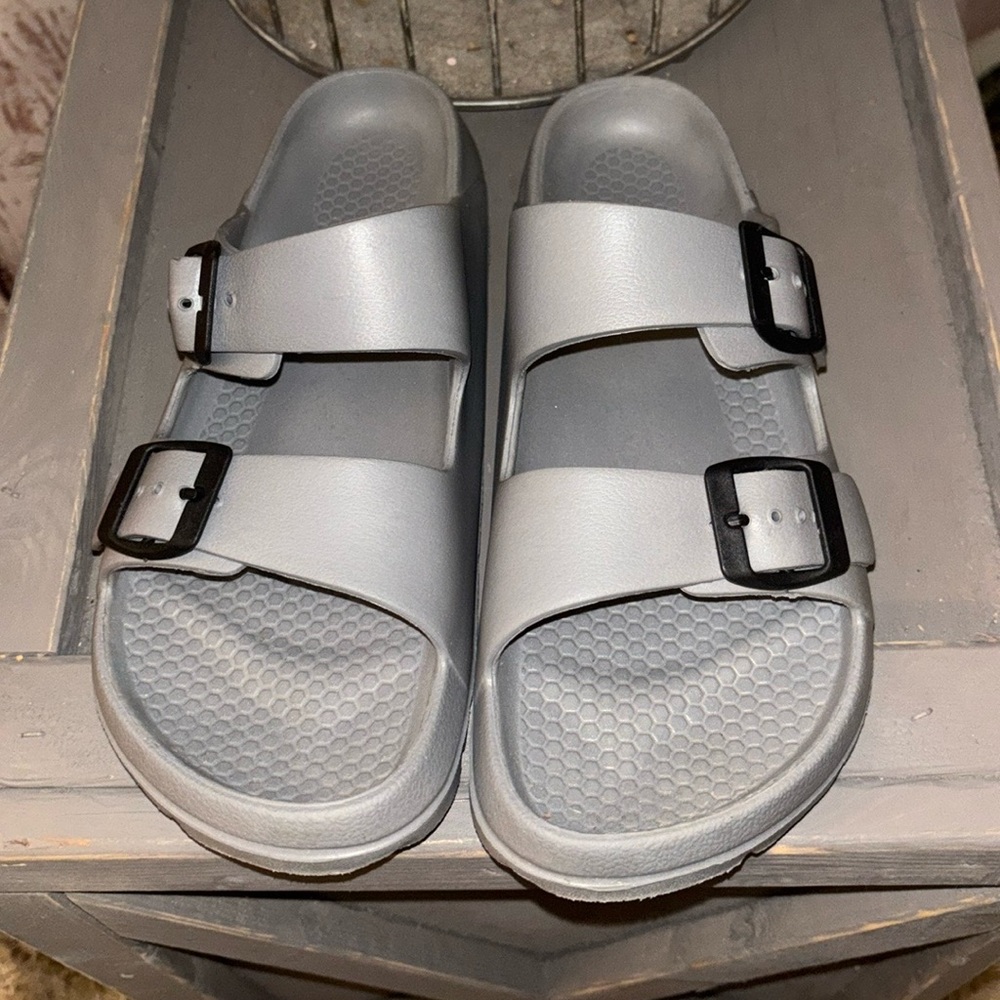 *SOLD on MERCARI Gray Double Strap slides Sandals Buckles women’s 9.5 men’s 8 - Picture 1 of 8